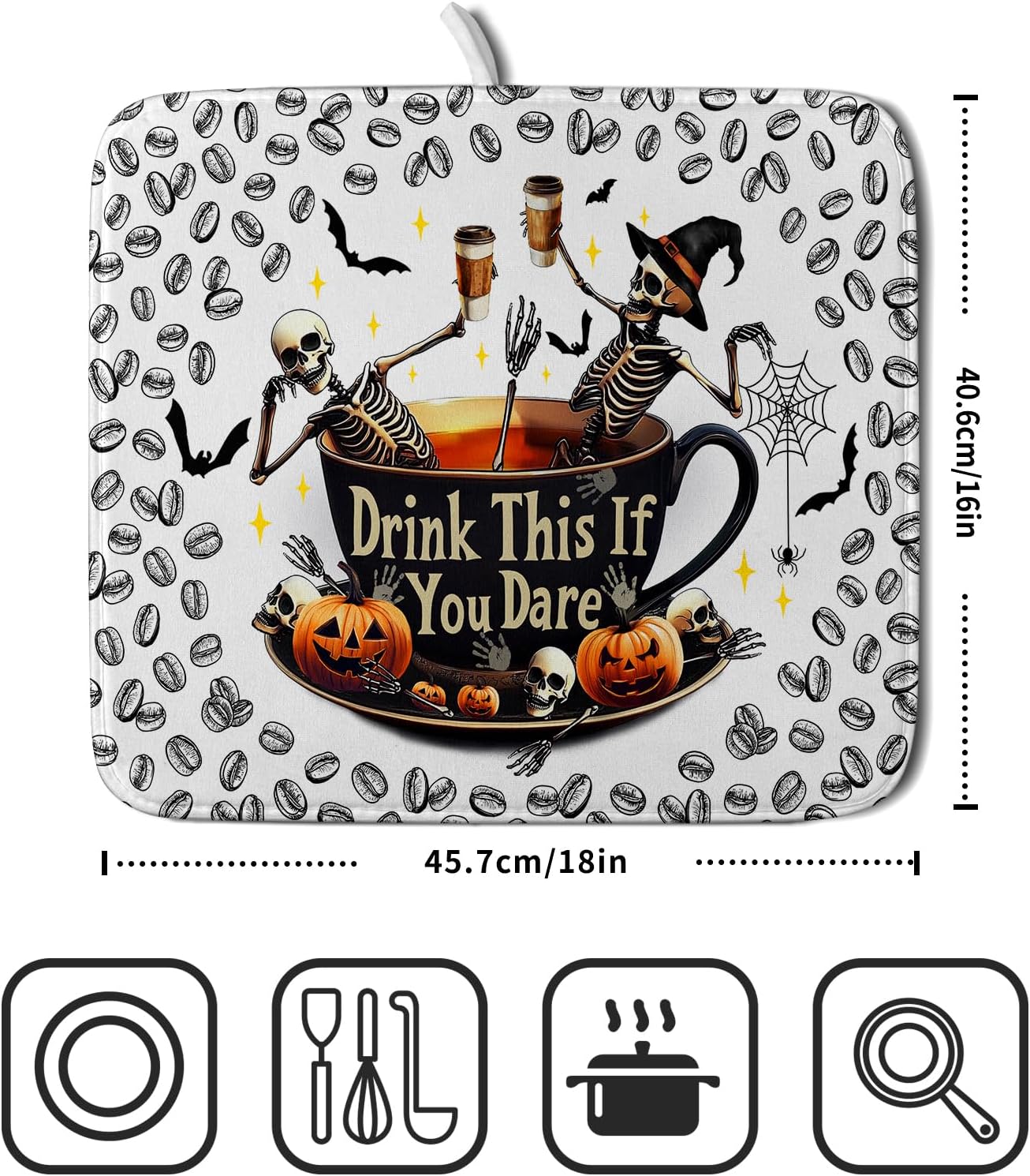 Funny Skull Coffee Matt for Counter Skeleton Dish Drying Mat Halloween Decoration for Home Coffee Bar