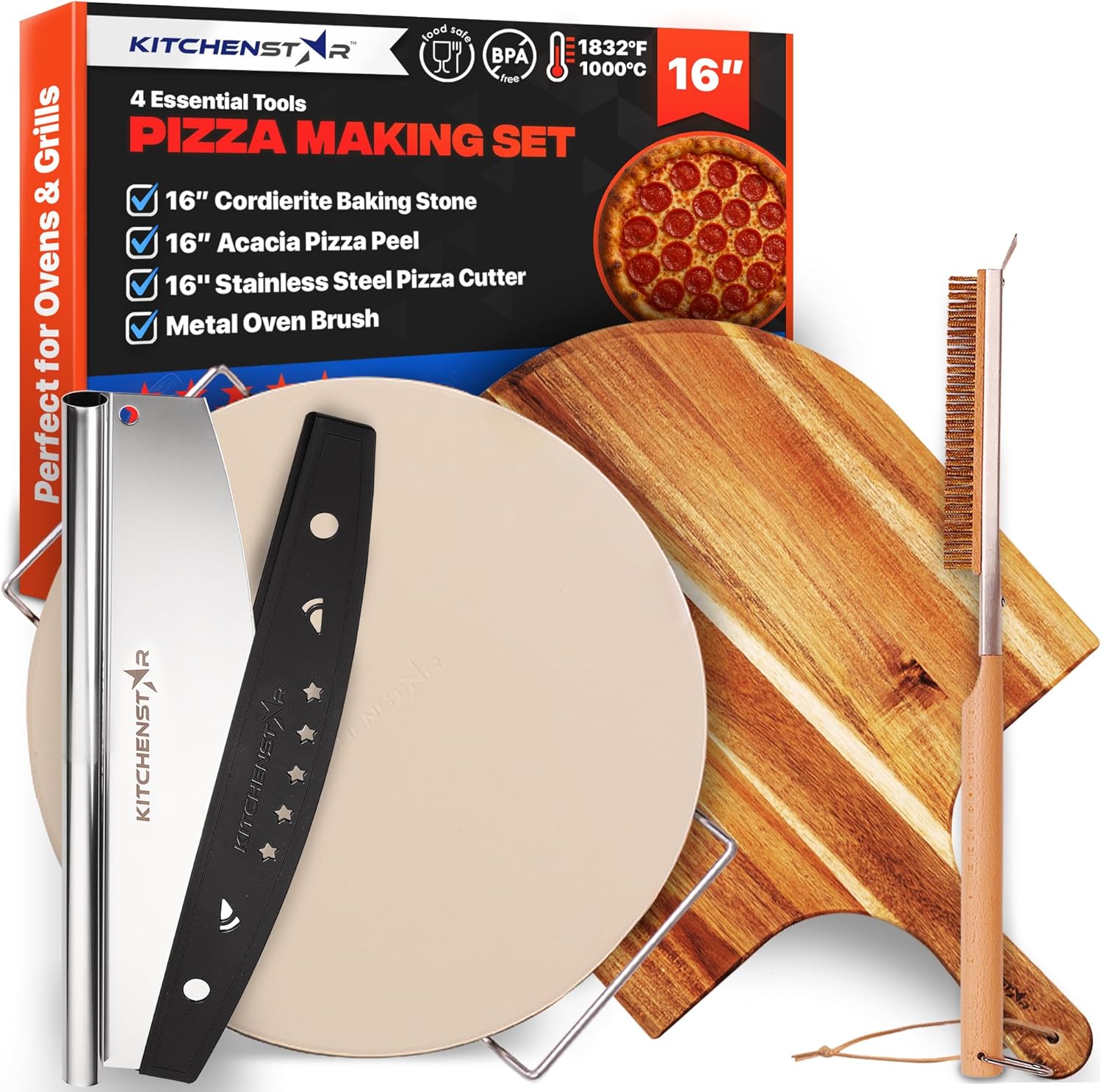 KitchenStar 16-inch Pizza Making Set, 4 Essential Tools - Pizza Stone + Stainless Steel Rack, Acacia Wood Pizza Peel, Pizza Cutter Rocker + Protective Cover, Metal Brush - Oven & Grill Accessories Kit