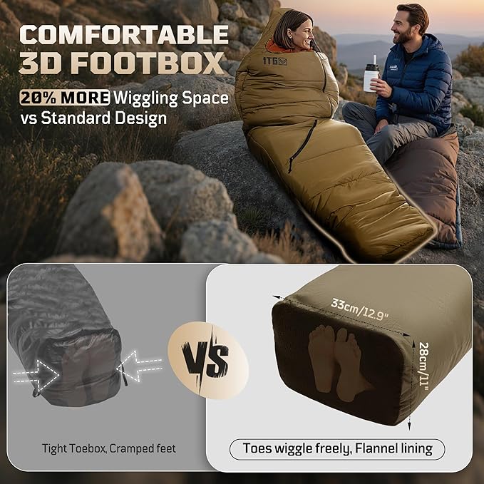 Sleeping Bag for Adults, Warm Weather Camping Mummy Sleeping Bags (25-36℉) with Adjustable Hood, Phone Pocket & Compression Sack for Hiking Travel Hunting