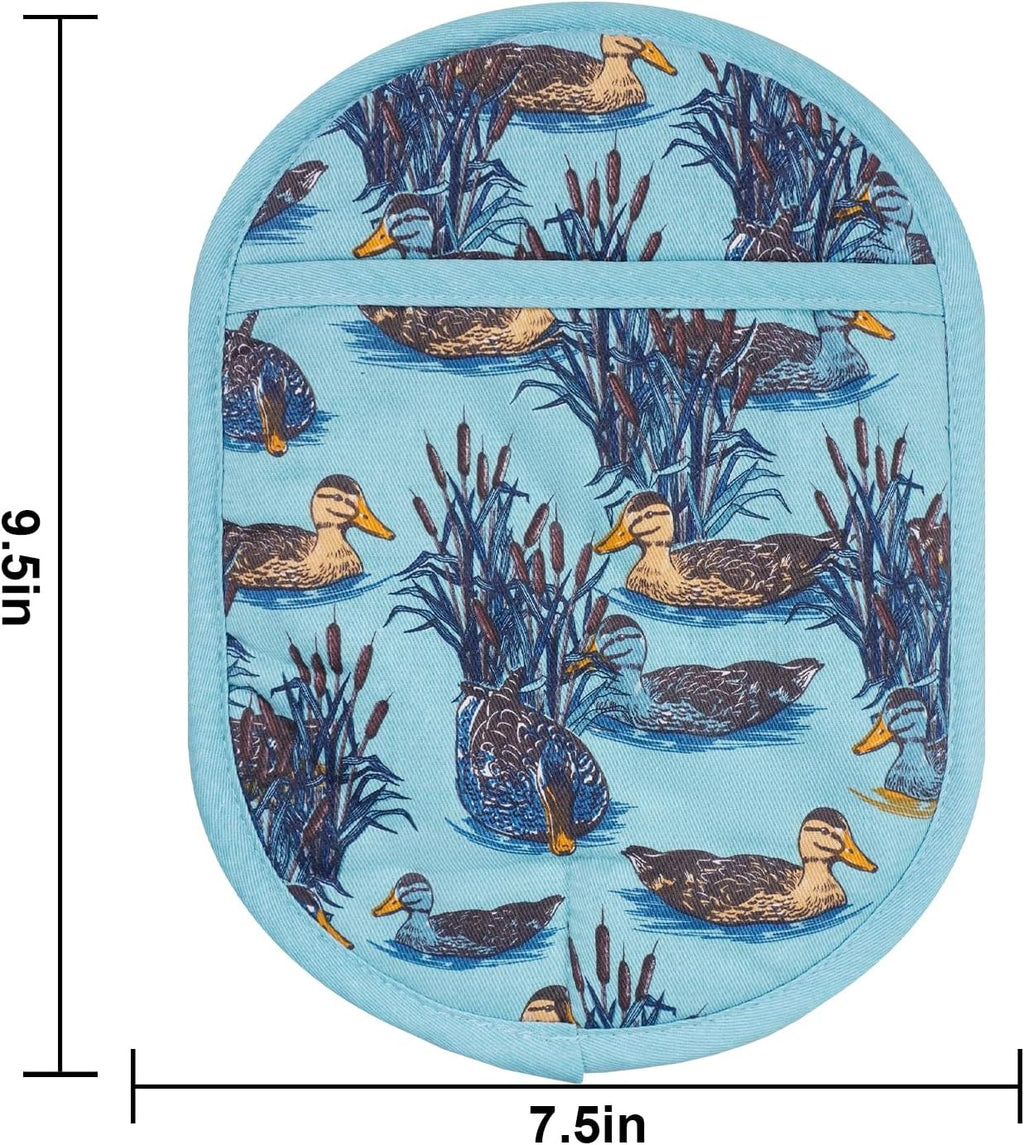 Pot Holders Set of 2 with Transparent Clear Silicone Shell and Nice Duck Flower Cotton Lining, Heat Resistant to 500 F Kitchen Oven Gloves Pot Holder for Cooking (Wathet Blue, Potholders)