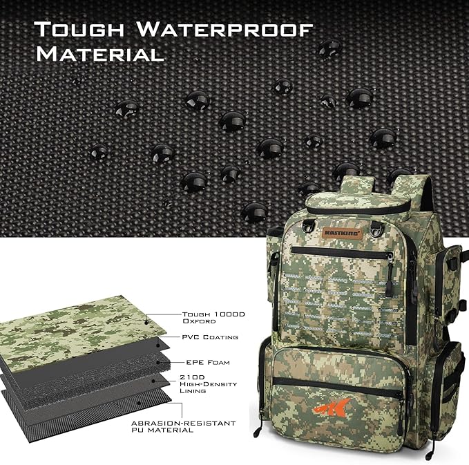 KastKing Bait Boss Fishing Tackle Backpack with Rod Holders-4 Tackle Boxes-Rain Cover,43L Large Storage for Fishing Gear