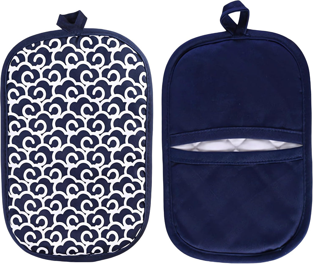 2 Pcs Pot Holders Sets for Kitchen Heat Resistant Oven Hot Pads with Pockets Non Slip Soft Grip Potholders for Baking Cooking (Blue2, 9.44 in X 7.0 in)