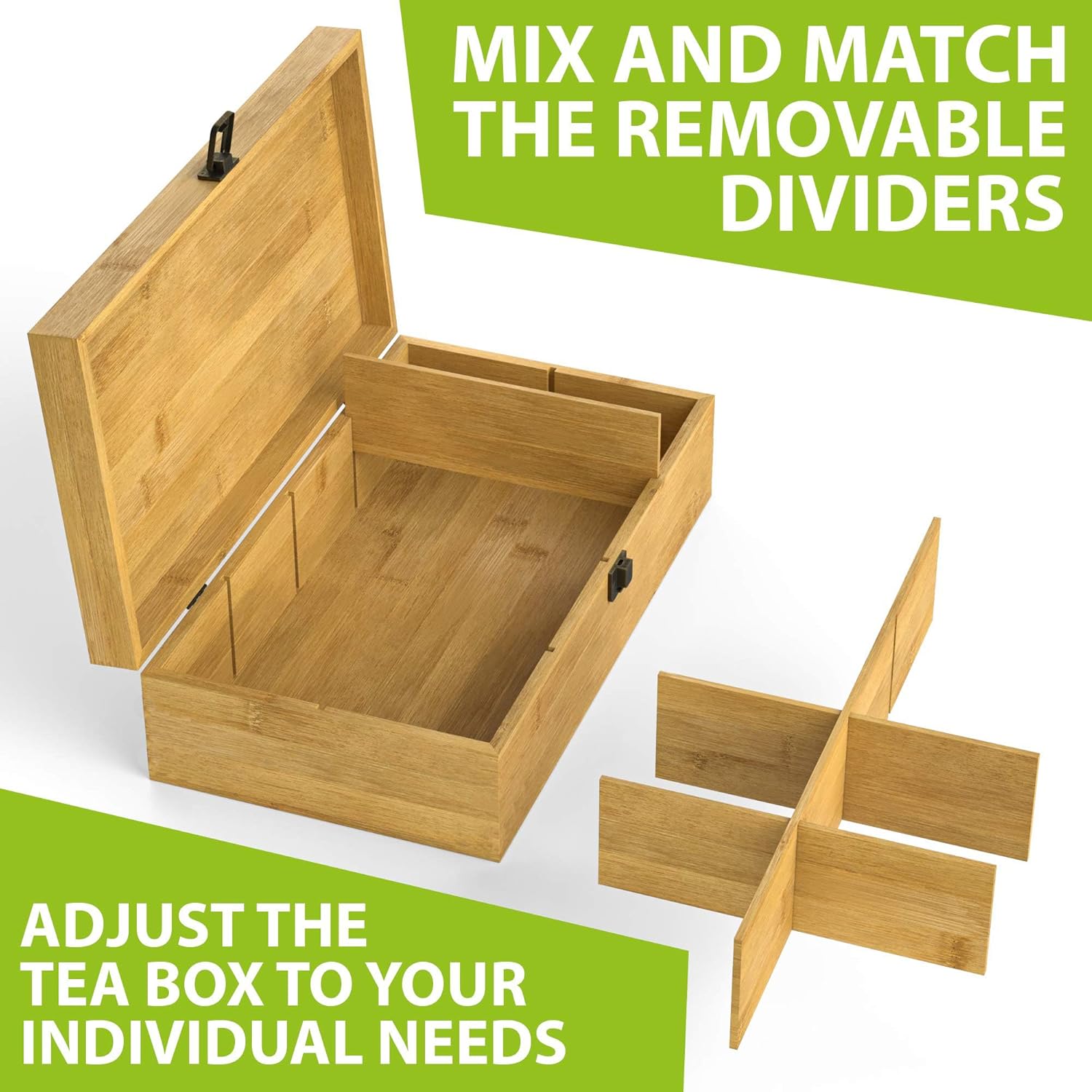 Tea Organizer Box Food Safe Chemical Free Bamboo Wood Storage Chest Big, Tall, Adjustable Cubbies (8-Slot 14.3" x 8.1" x 4.2" with TEA print design)
