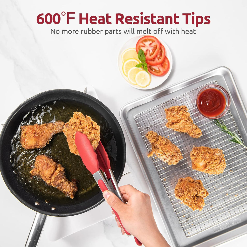 600ºF Heat Resistant Kitchen Tongs: U-Taste 9 inch Silicone Cooking Tong with Firm Sealed Non Stick Rubber Tips & Silicon Coated 18/8 Stainless Steel Handle & Smooth Locking for Serving Salad (Red)