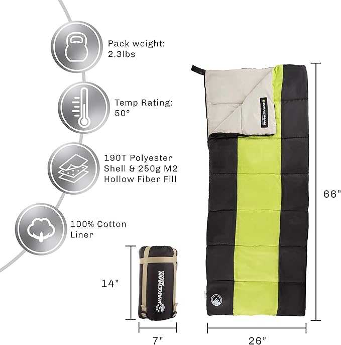 Wakeman Lightweight Sleeping Bag - Carrying Bag with Compression Straps Included