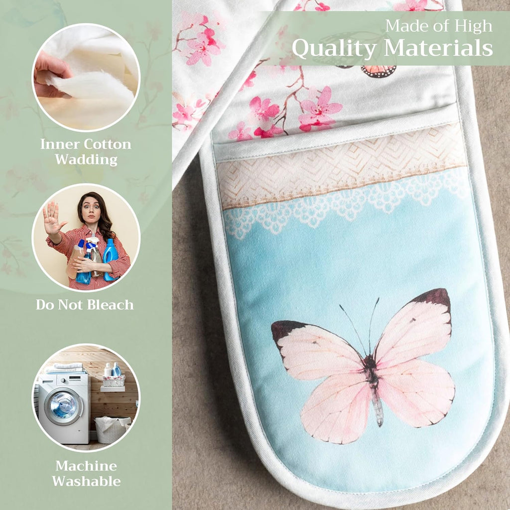 Maison d' Hermine Double Oven Mitts 100% Cotton 7"x35" Double Oven Mitt Heat Resistant BBQ Cooking Gloves with Loop, Baking, Grilling, Kitchen, Handling Hot Pans Spring Summer (Blossoms in Spring)