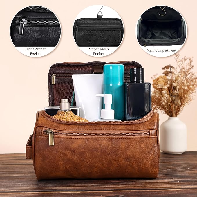 Toiletry Bag for Men, Hanging Travel Shaving Dopp Kit for Men and Women, Water-resistant Toiletries Organizer Bags, PU Leather Cosmetic Bags for Makeup Accessories (Black)