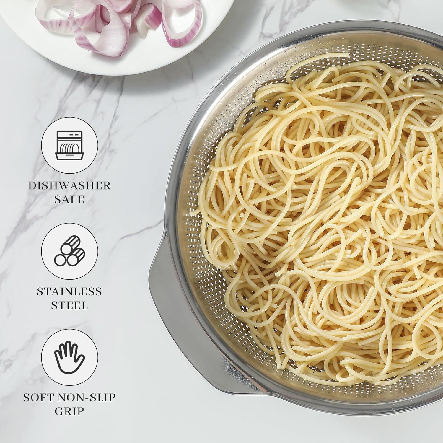 18/8 Stainless Steel Microwell Colander, 2.5QT Large Capacity with Handle Kitchen Food Strainer Basket for Washing Vegetables, Fruits, Rice, and Pasta (primary colour, 2.5QT)