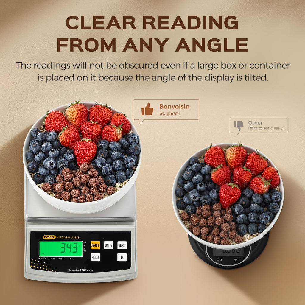 Bonvoisin Digital Food Scale 12lb x 0.002lb Kitchen Scale Weight Ounces and Grams Percentage Weighing Baking Scale for Cooking, Baking, Candle Soap Making, with Stainless Steel Platter