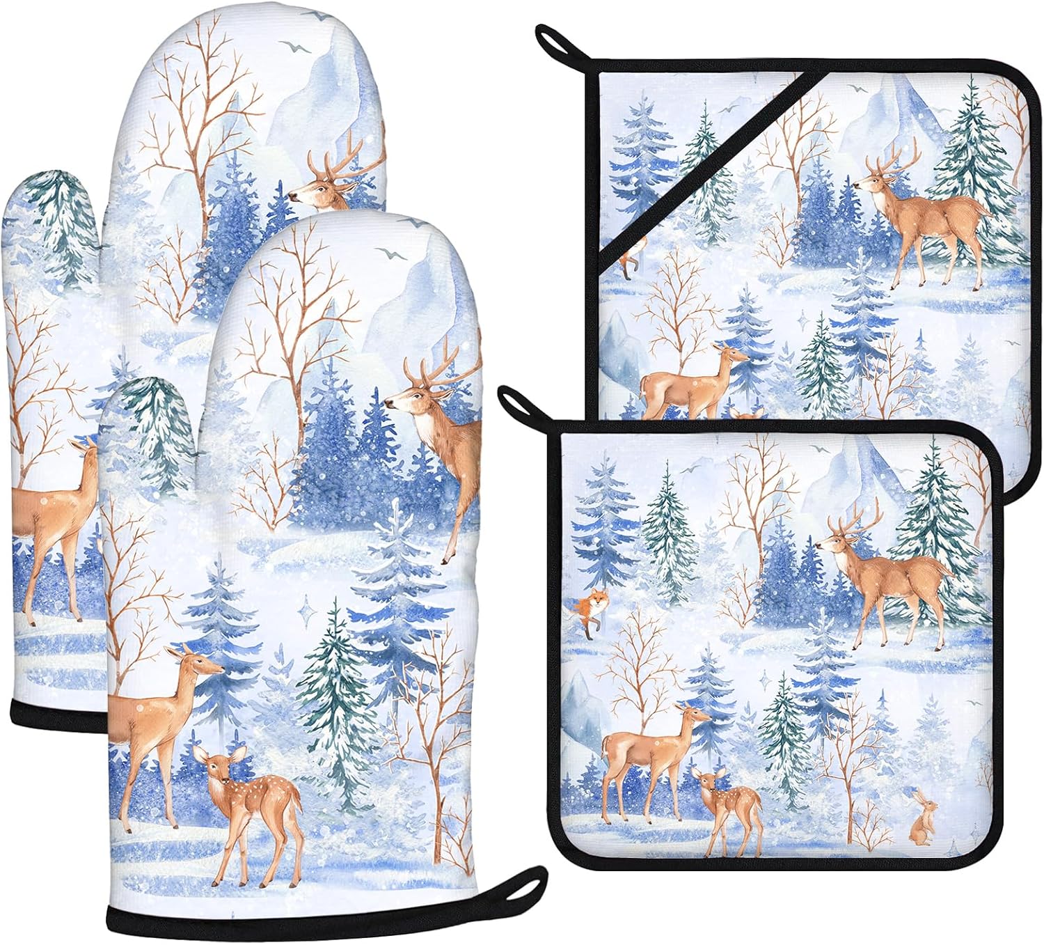 Deer Mitts and Pot Holders Sets 4Pcs,Extra Long Oven Gloves Potholder for Kitchen Cooking Baking BBQ 100% Cotton Heat Resistant