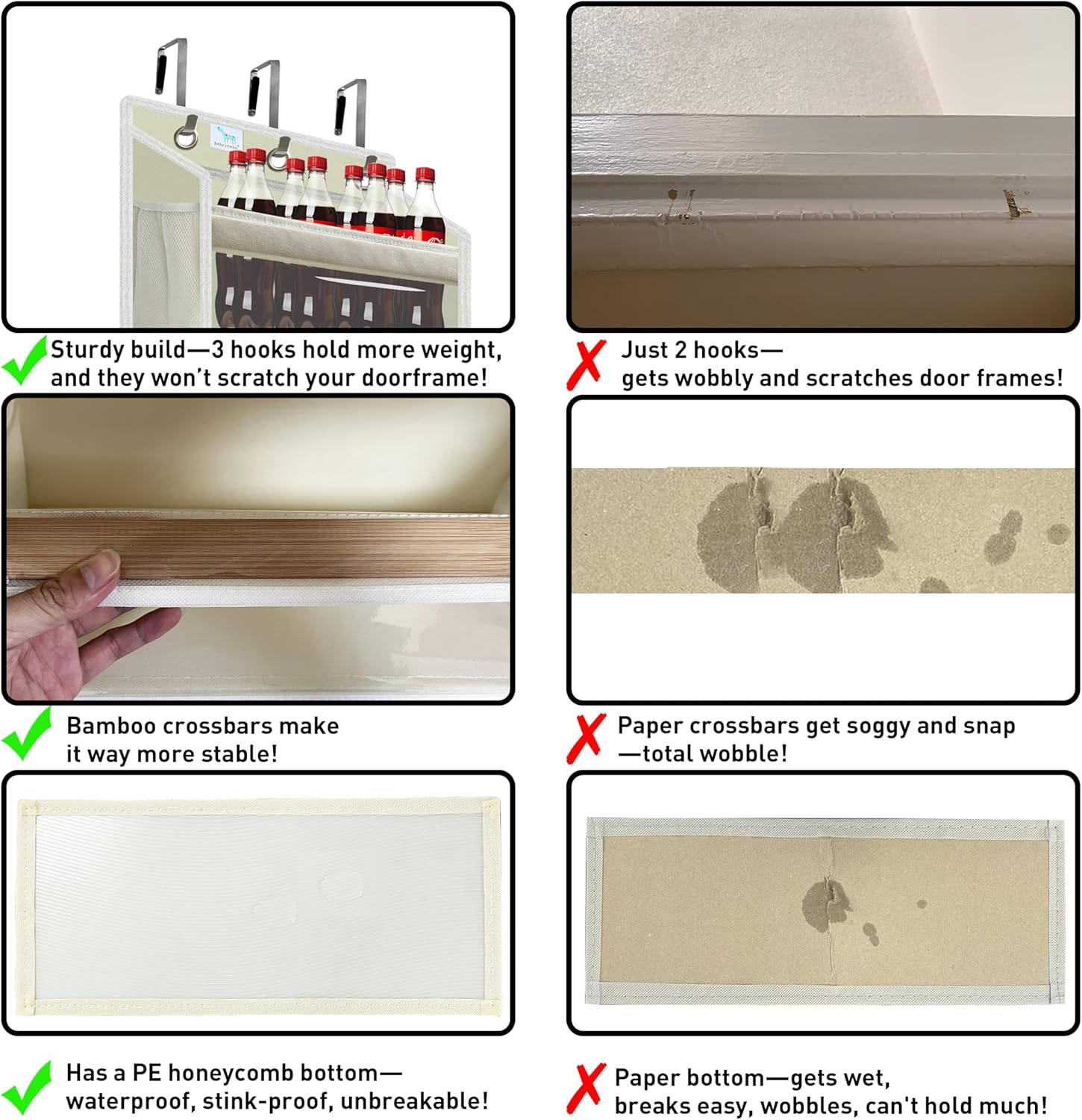 over the door organizer, Solid Bamboo Board (Not Plastic!) 6-Tier Heavy Duty 75LB, 12 Side Pockets, 3 Reinforced Hooks & Anti-Slip Pads, Waterproof & Washable, No Sagging, No Door Damage,Ivory