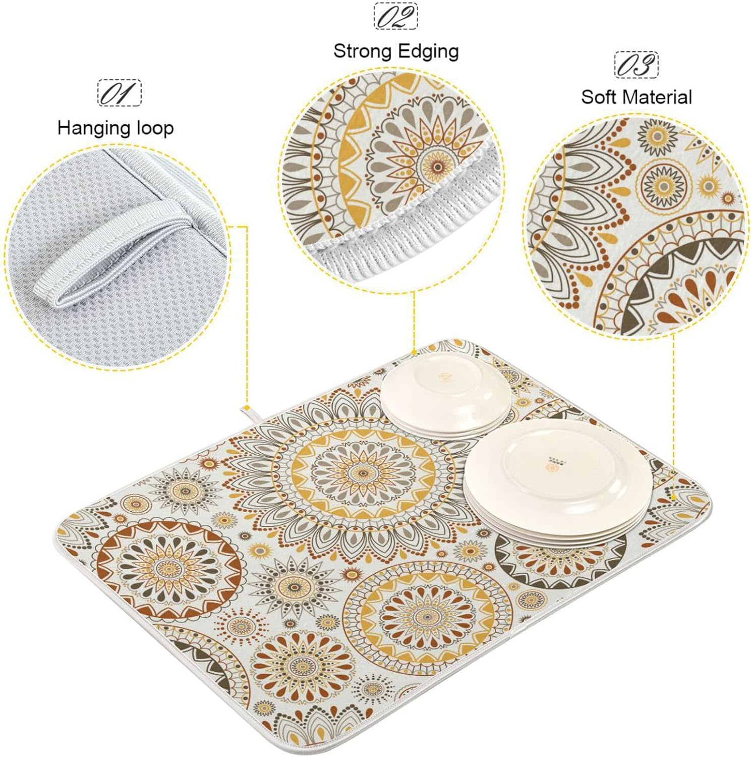 Mandala Ethnic Bohemian Ornament Dish Drying Mat for Kitchen Counter Absorbent Microfiber Drying Pad, Large 18x24 in, Reversible Drainer Mats