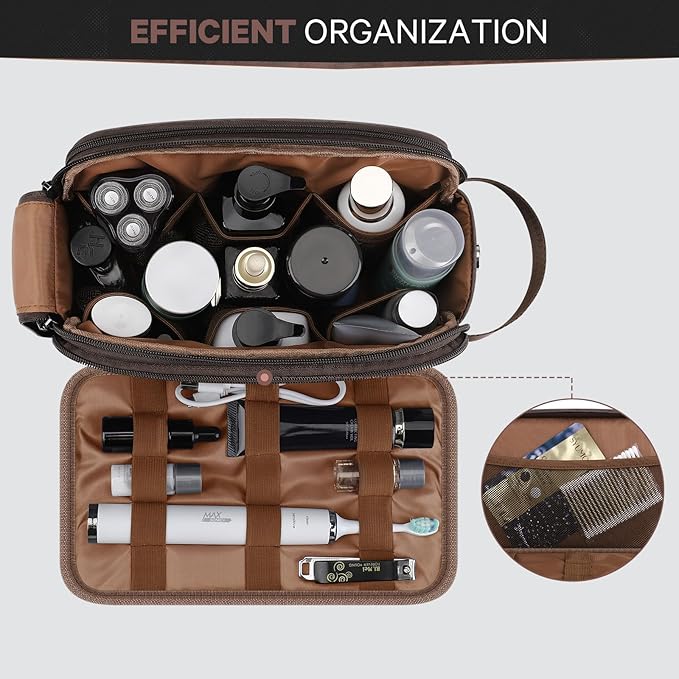 Toiletry Bag for Men, Travel Toiletry Bag Travel Essentials, Dopp Kit Water-resistant Shaving Bag, Bathroom Bag Toiletries Organizer, Dark Brown(PU Leather)