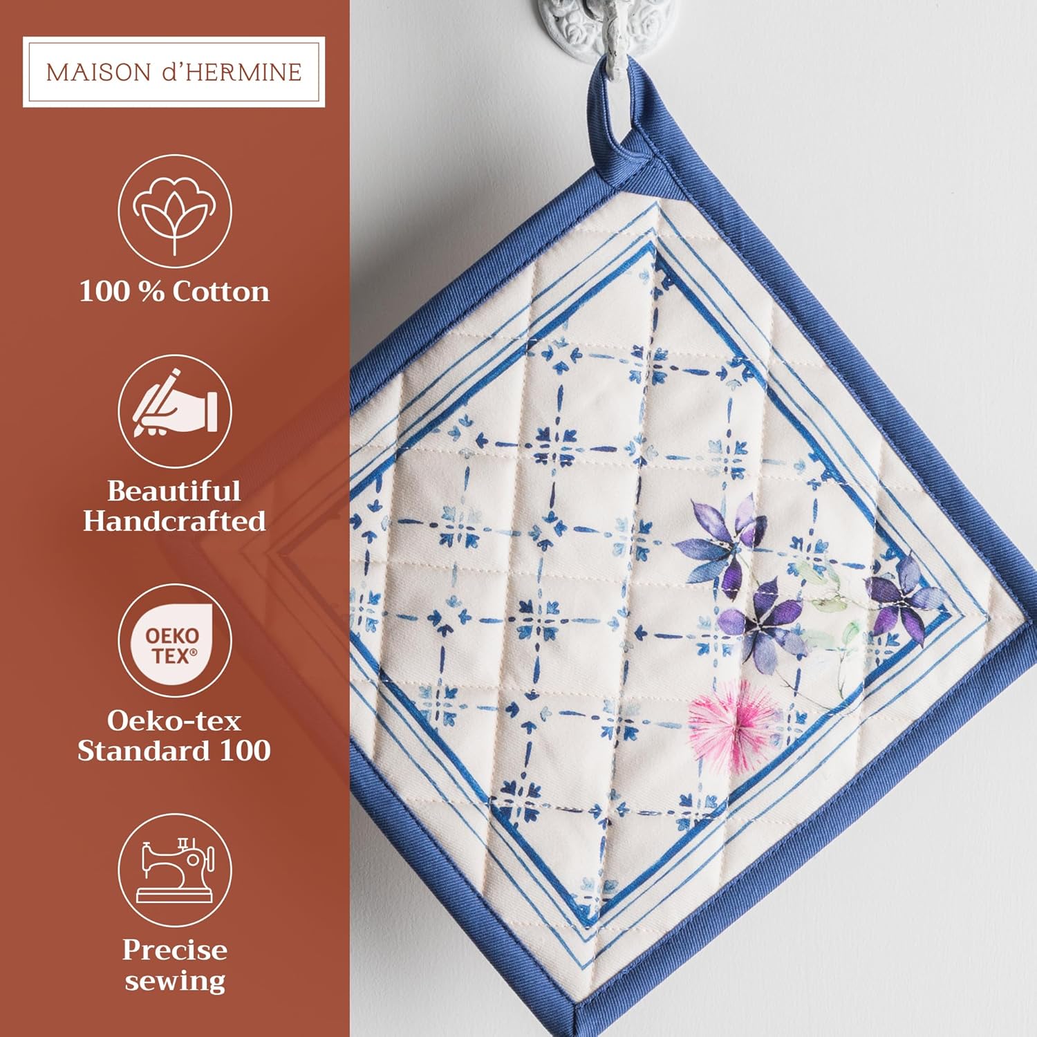 Maison d' Hermine Pot Holders 100% Cotton Heat Resistant Potholders 8" x 8" Hot Pads with Loop BBQ, Cooking, Baking, Grilling, Kitchen, Handling Hot Pans Spring/Summer (Pack of 1, Faience)