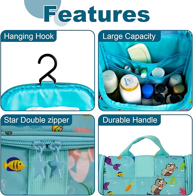 Cute Cartoon Hanging Kids Toiletry Bag Children Travel Cosmetic Makeup Organizer Wash Bag Shower bag Over Night Bag Camping Shaving Kit Bag for Boys & Girls (Mermaid)