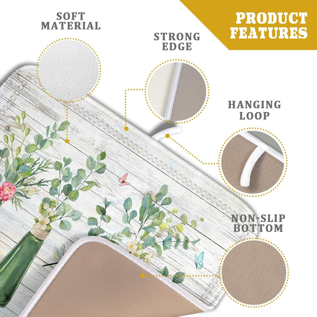 Fern Leaf Vase Dish Drying Mat 16x18 Inch Eucalyptus Leaves Microfiber Absorbent Dish Drainer Mat Reversible Drying Pad for Kitchen Counter Sink