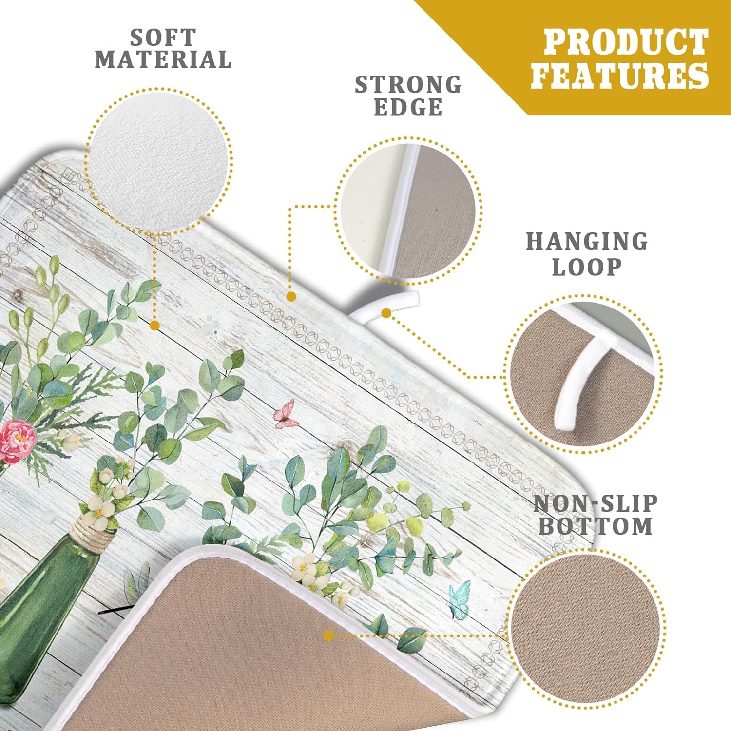 Fern Leaf Vase Dish Drying Mat 16x18 Inch Eucalyptus Leaves Microfiber Absorbent Dish Drainer Mat Reversible Drying Pad for Kitchen Counter Sink