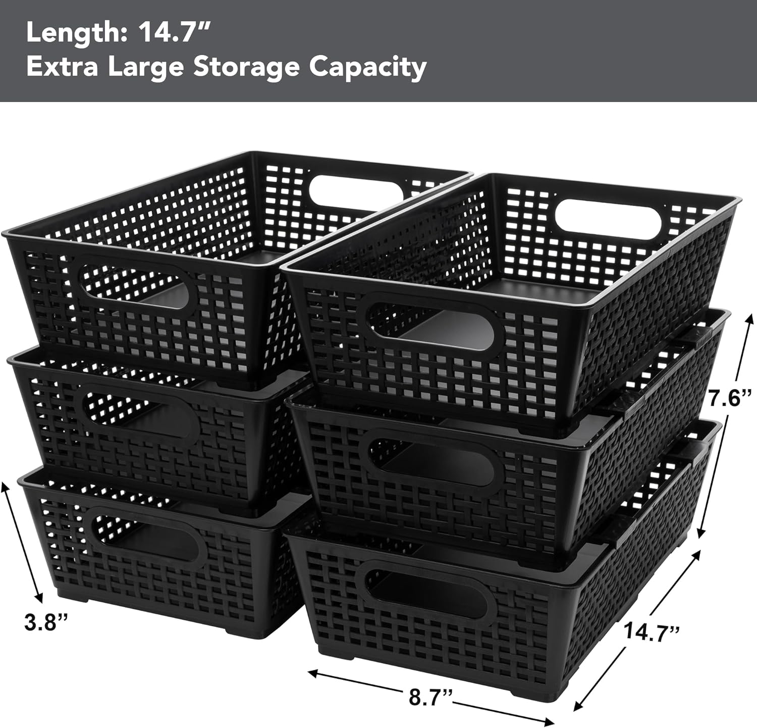 Stackable Woven Plastic Basket, Storage Bins for Cabinet, Closet, Shelf, Under Sink and Countertop, Pantry Organizer Bins, 6 Pack