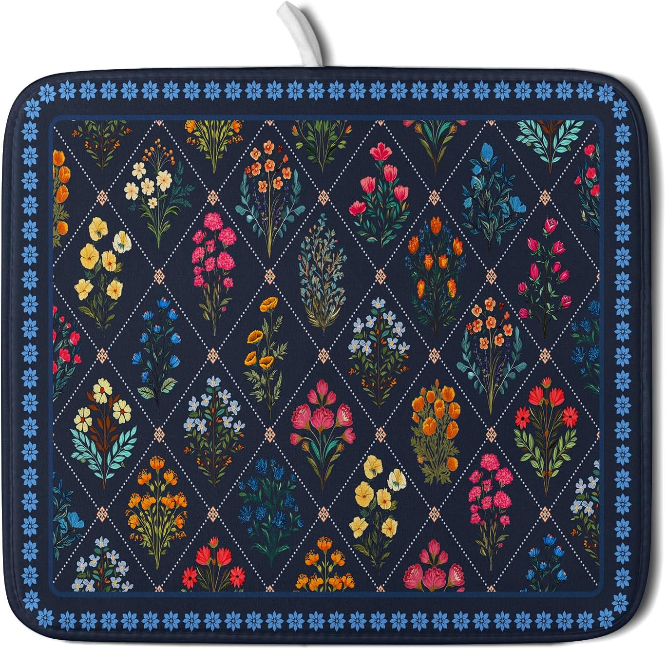 Lapis Blue Dish Drying Mat for Kitchen Counter Flowers Microfiber Absorbent Dish Draining Reusable Washable Small