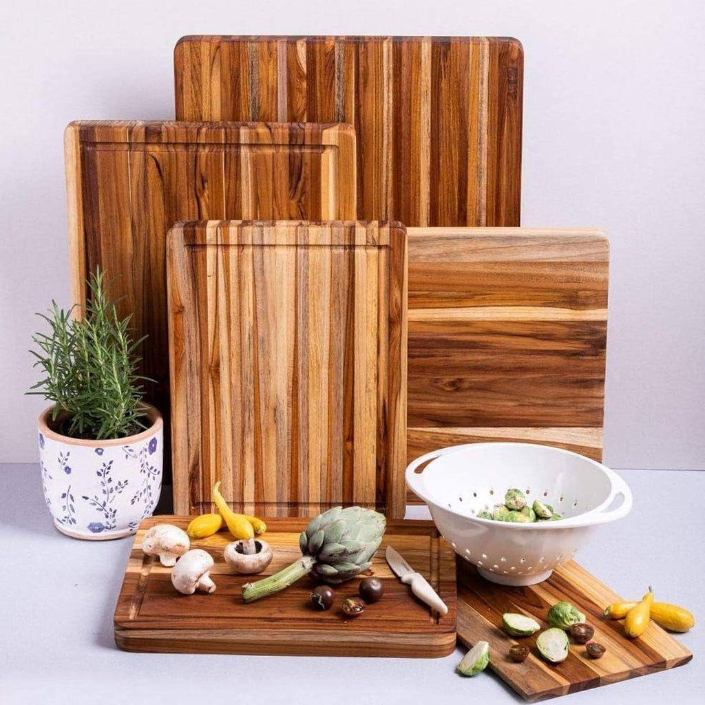 Teakhaus Cutting Board - Small (S) Wood Cutting Board with Juice Groove and Grip Handles - 14”L x 10”W - Thin, Lightweight, Reversible Teak Edge Grain Wood - Knife Friendly - FSC Certified