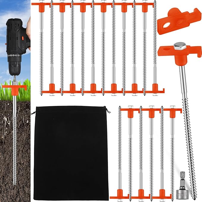 Tandefio 20 Pcs 8 Inch Screw in Tent Stakes Heavy Duty Drill in Ground Anchor Pegs Metal Stakes Screws Hex Pegs Drillable Camping Threaded Tent Spike with Hex Head Driver (Orange)