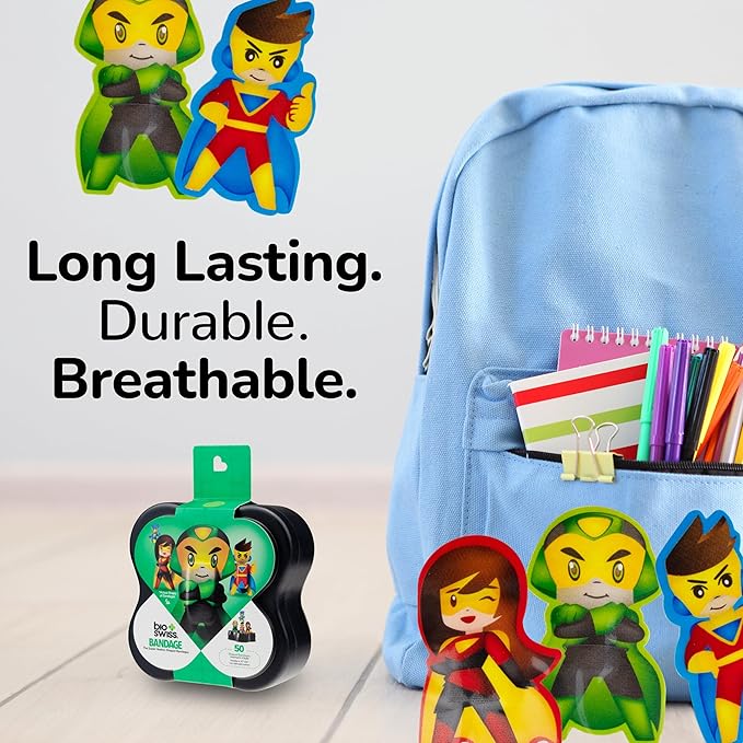 BioSwiss Bandages, Super Healers Superhero Shaped Self Adhesive Bandage, Latex Free Sterile Wound Care, Fun First Aid Kit Supplies for Kids and Adults, 50 Count