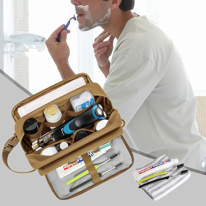 Tactical Toiletry Travel Bag for Men, Dopp Kit Shaving Organizer Case for Toiletries, Shower and Grooming Care Accessories, Khaki(Empty Bag Only, Patent Design)