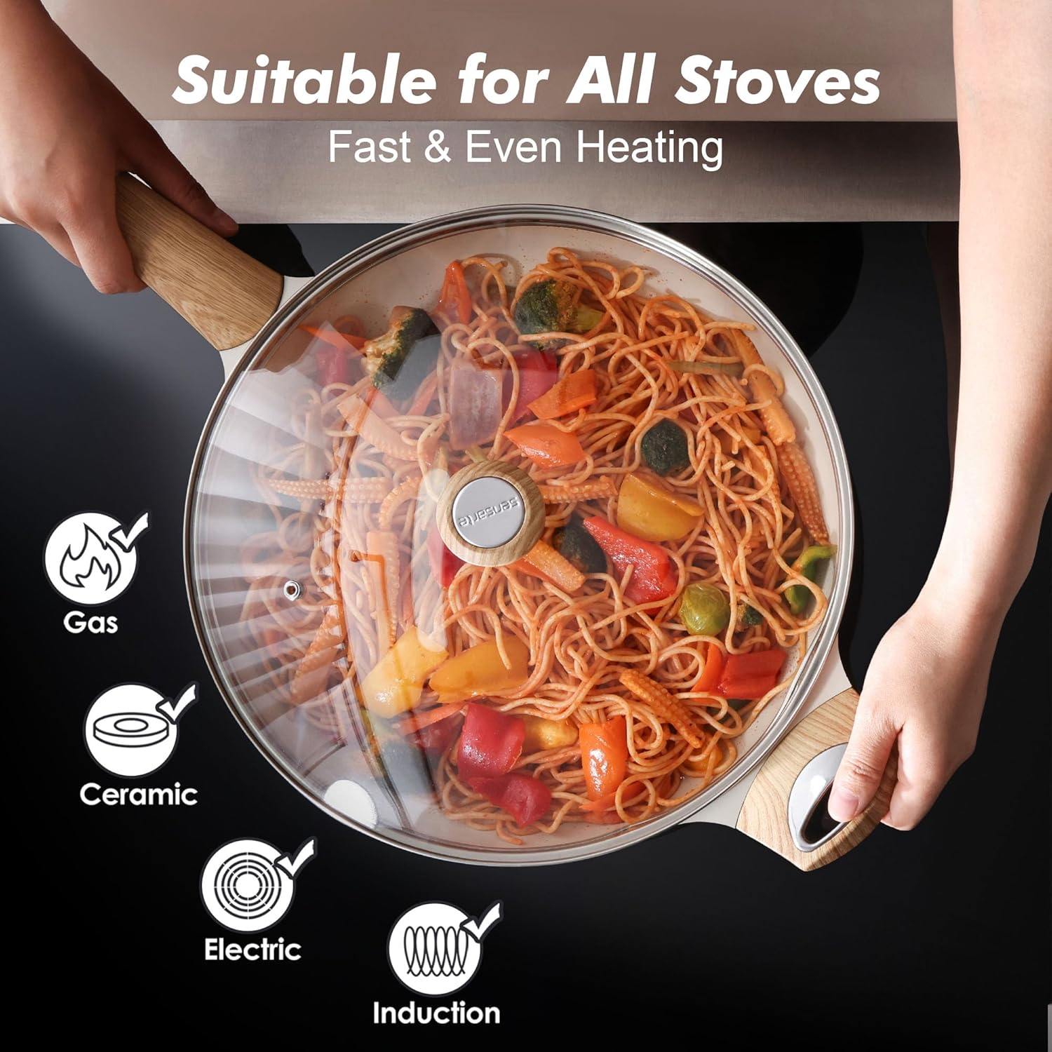 SENSARTE Ceramic Nonstick Frying Pan Skillet with Lid 12.5Inch Large Non Stick Non-toxic Healthy Kitchen Cooking Chef's Pan, Free of Intentionally Added PFOA/PFAS/PTFE, Induction Compatible