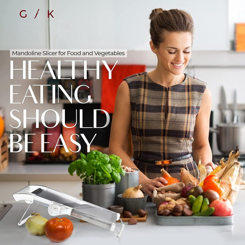 Gramercy Adjustable Mandoline Food Slicer, Mandoline Slicer for Kitchen, Mandolin, Potato, Tomato, Carrot, Vegetable, Fruit and Onion Cutter - Stainless Steel - INCLUDING 1 Pair Cut-Resistant Gloves