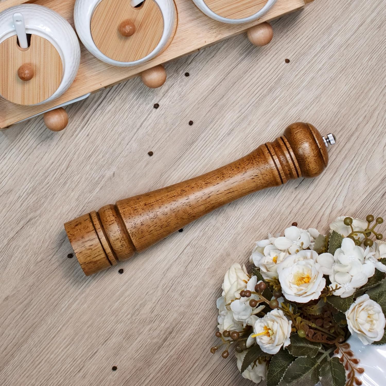 1 Pack - 10 Inch tall Wooden Pepper Mill or Salt Mill Elegant Pepper Grinder Wood with a Adjustable Ceramic Rotor and Easily Refillable - Oak Wood Salt Grinder for Your Kitchen