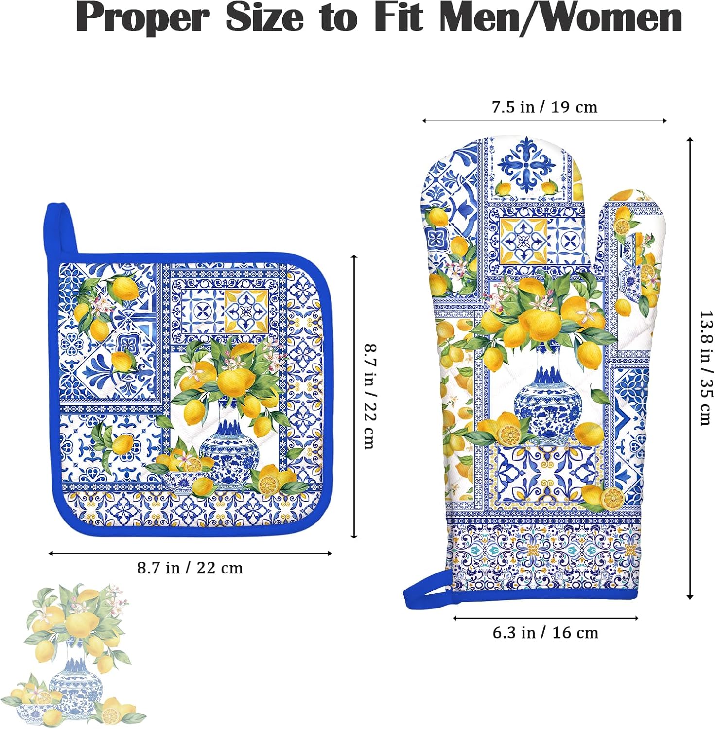 Yellow Lemon Oven Mitts and Pot Holders Sets 2Pcs, 100% Cotton Heat Resistant, Extra Long Oven Gloves Potholder for Kitchen Cooking Baking Decoration