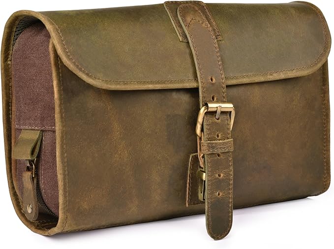 LEATHER VILLAGE Hanging Toiletry Bag for Men & Women, Handcrafted Vintage Cosmetic & Shaving Organizer Travel Dopp Kit- Mud