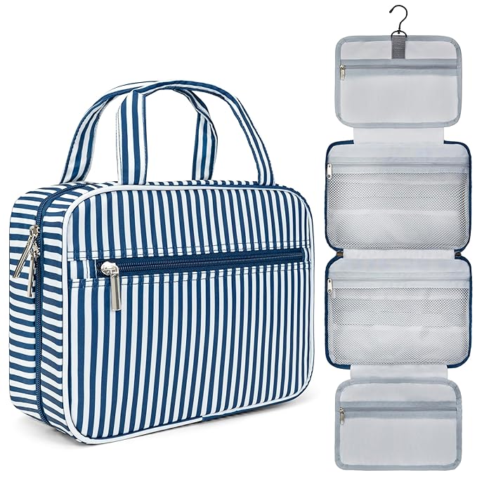 PAVILIA Hanging Toiletry Bag Travel Bag Women Men, Foldable Cosmetic Organizer, Roll up Makeup Bag, Water Resistant Accessories Toiletries, Large Travel Essentials Kit (Navy Stripe)