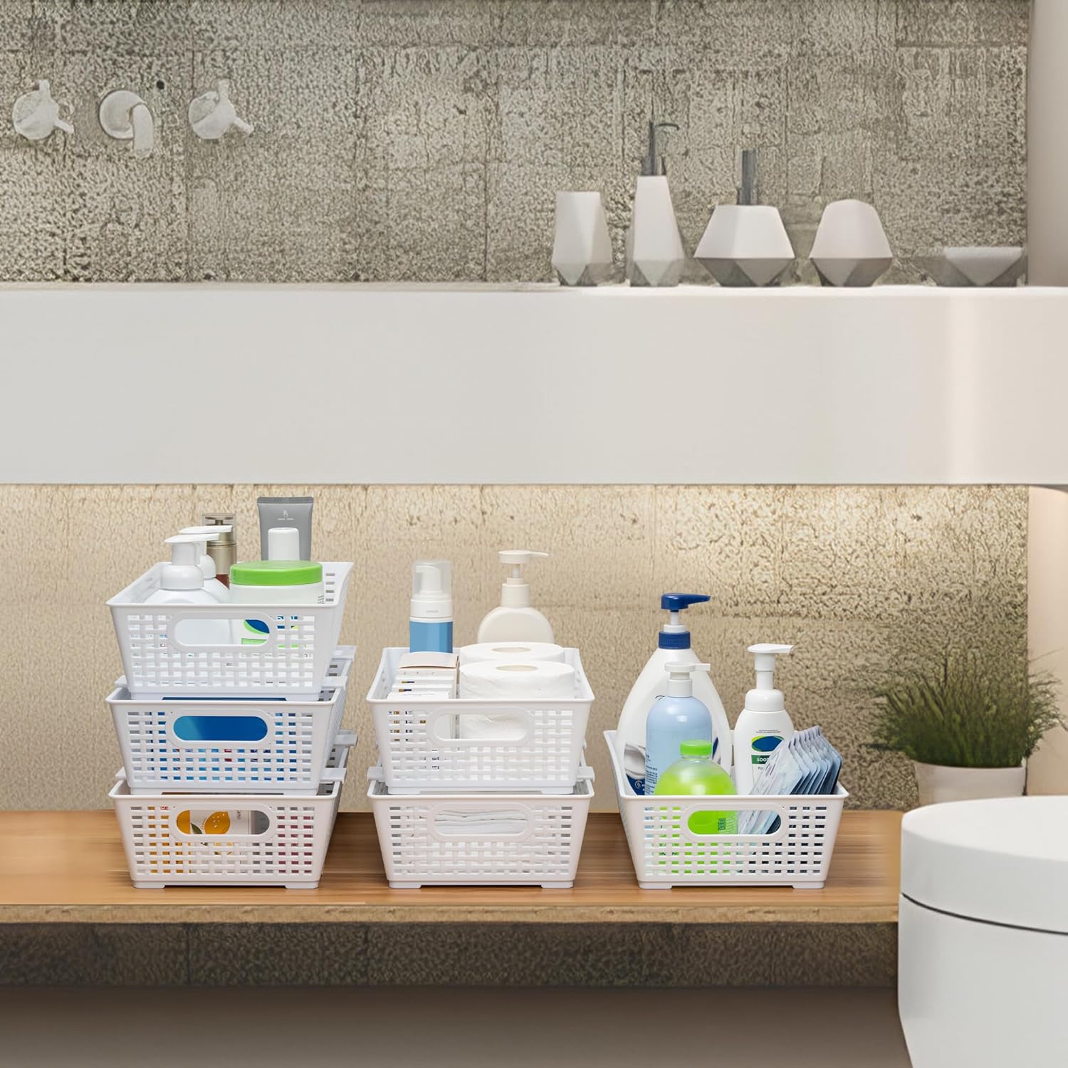 Stackable Woven Plastic Basket, Storage Bins for Cabinet, Closet, Shelf, Under Sink and Countertop, Pantry Organizer Bins, 6 Pack