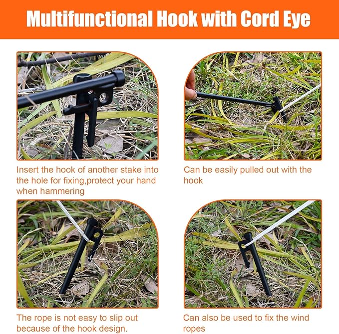 Eurmax USA 10 inch Multiuse Heavy Duty Steel Tent Stakes Tarp Pegs Camping Stakes for Outdoor Camping Canopy and tarp with 4 Ropes 10FT Length