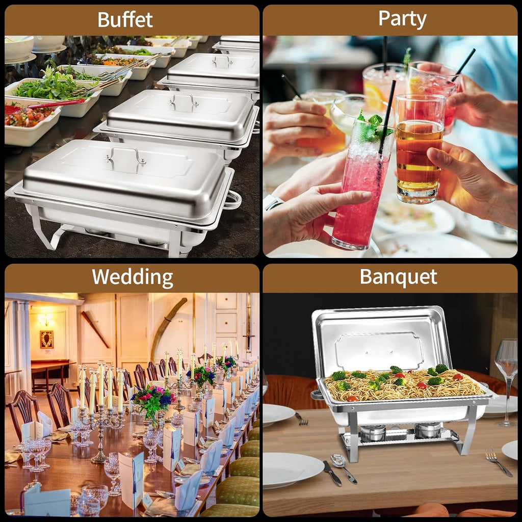8 Qt 2 Pack Full Size Stainless Steel Chafing Dishes Buffet Set, Silver Rectangular Catering Chafer Warmer Set with Trays Pan Lid Folding Frame Stand for Kitchen Party Banquet Dining