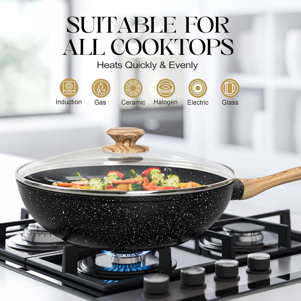 MICHELANGELO 12 Inch Wok Set - Woks & Stir-Fry Pans Nonstick Wok Pan with Lid, Induction Wok with Ergonomic Handle, Stainless Steel Steamer, Fryer Basket, Black