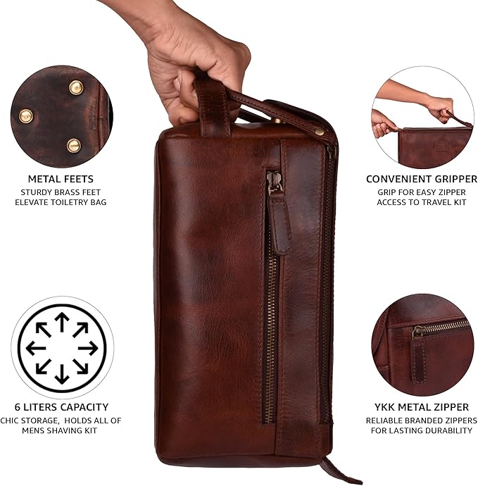 LEATHER VILLAGE Premium Leather Travel Toiletry Bag - Unisex Water-Resistant Travel Dopp Kit, Shaving & Cosmetic Organizer for Men & Women - Compact Bathroom Essentials - Cherry Brown