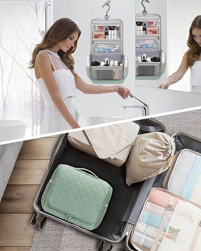 Relavel Toiletry Bag for Men, Hanging Travel Makeup Bag for Women, Waterproof Large Cosmetic Organizer Multiple Compartments for Accessories, Full Sized Toiletries Dopp Kit Shaving Bag (Green, Medium)