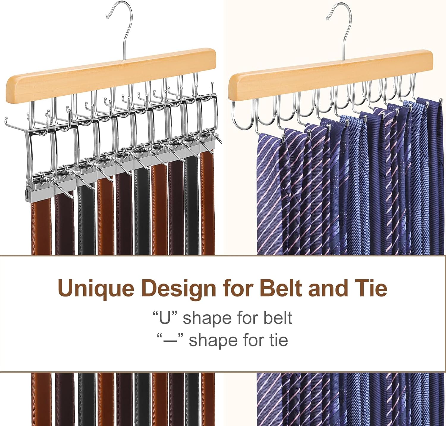 TOPIA HANGER 2 in 1 Belt Tie Hanger for Closet Max 30 Belts with 30 Ties Capacity, 20 Hooks Belt Tie Racks Wooden Hanger for Closet Organizer Storage Space Saving “U” Fit Belt and “一” Fit Tie - CT47N