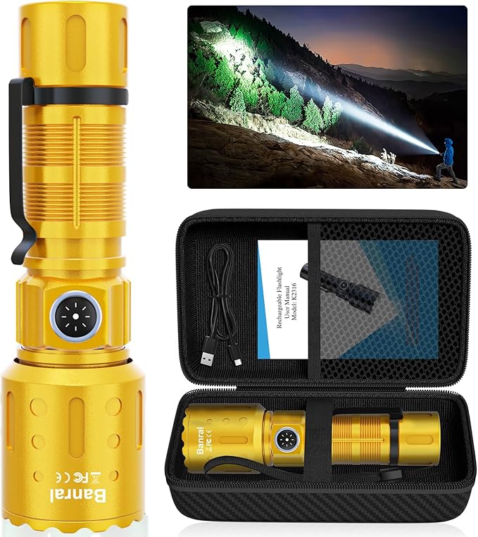 Flashlights High Lumens Rechargeable, 20000 Lumens Super Bright 1500 Meters Long Range Small Powerful Flashlight, 6 Modes LED Tactical Pocket Waterproof Flash Light for Home Emergency (1, Yellow Gold)