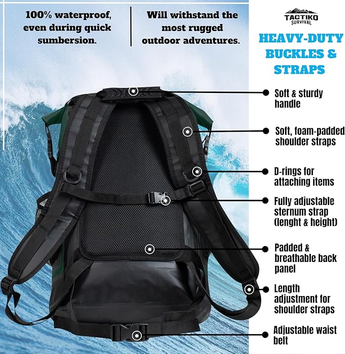 TACTIKO 30L Heavy-Duty 100% Waterproof Backpack, Roll Top Dry Bags for Kayaking, Hiking, Camping, Survival