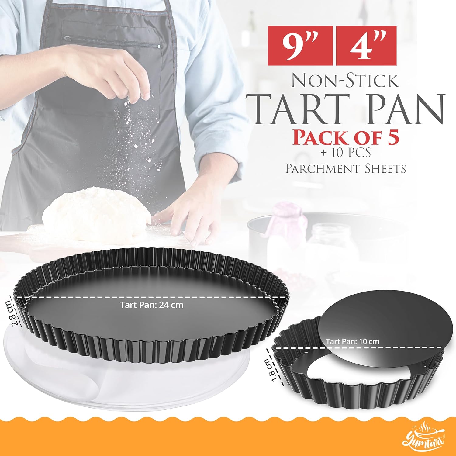 Bundle Pack 9" and 4" Mini Tart and Quiche Pan Combo, False Bottom, Deep Fluted Tart and Quiche with Removable Bottom - Non-Stick