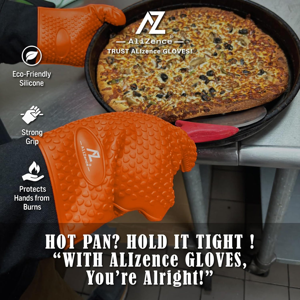 Silicone Smoker Oven Gloves & BBQ Set – Extreme Heat Resistant, Waterproof Oven Mitts, Mini Gloves, Hot Pads & Pot Holders for Cooking, Grilling, Baking, Extra Soft, Superior Value 6 pc Set. (Orange)