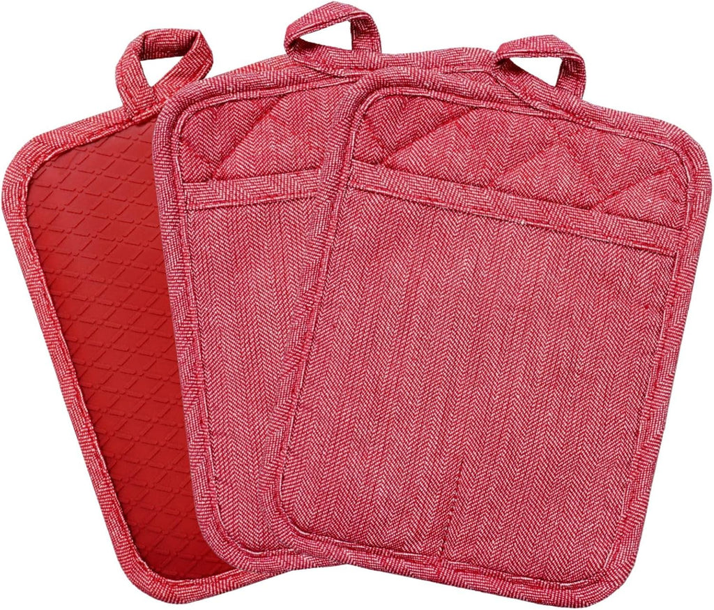 Pot Holders Yarn-Dyed Set of 3 Non Slip Silicone Kitchen Lines Heat Resistant 500℉ Kitchen Gloves BBQ Cooking Baking Cooking Barbecue Microwave Machine Washable (Red Pot Holders)