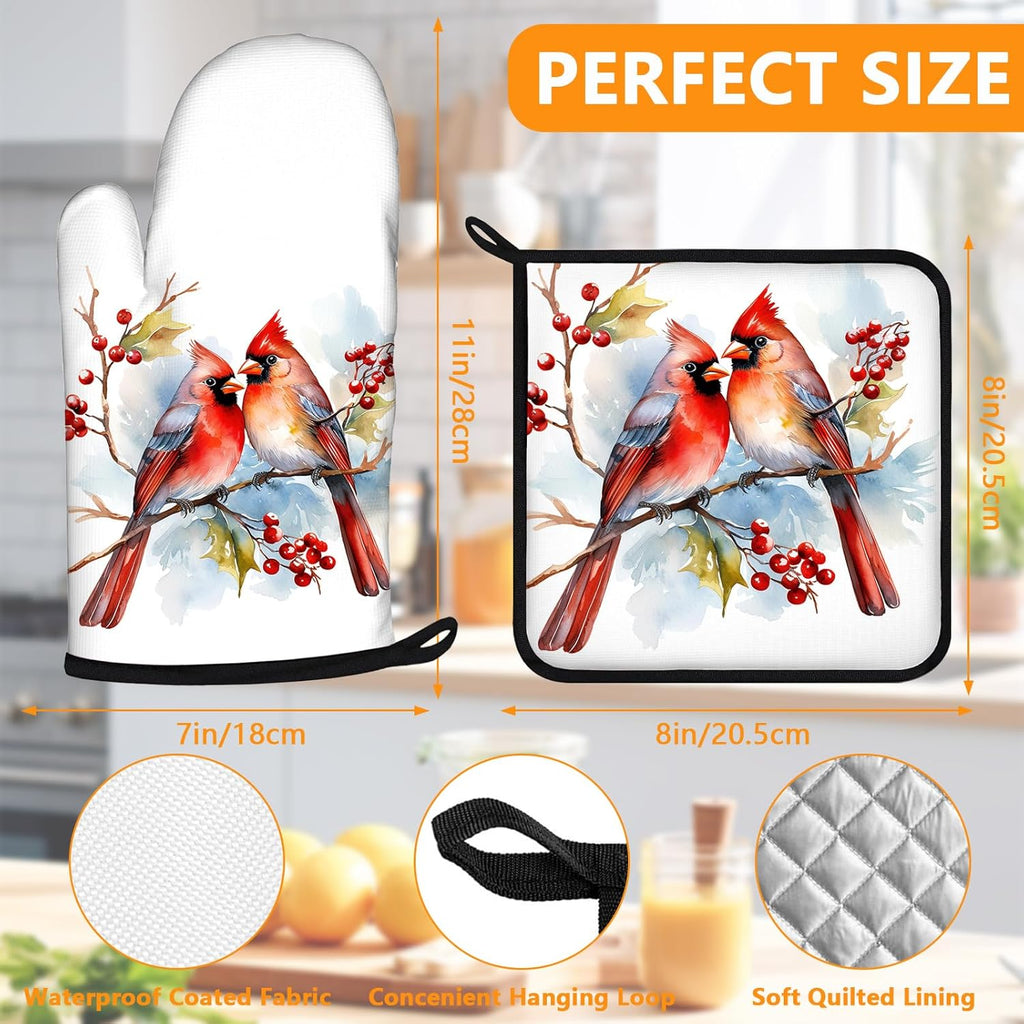 Red Cardinal Birds Oven Mitts and Pot Holders Sets 4Pcs,Extra Long Oven Gloves Potholder for Kitchen Cooking Baking BBQ 100% Cotton Heat Resistant