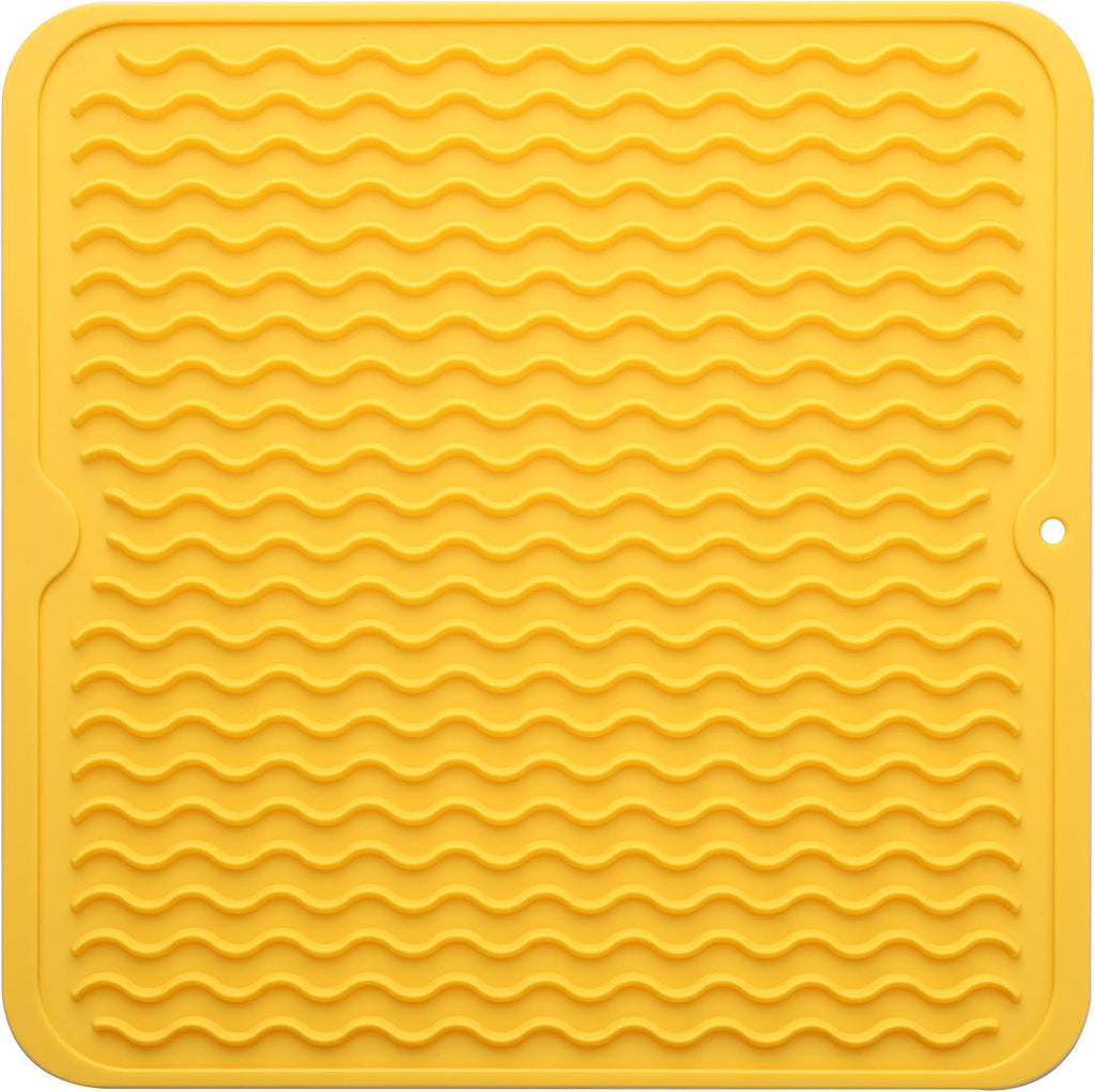 Silicone Dish Drying Mat for Multiple Usage,Easy clean,Eco-friendly,Heat-resistant Silicone Mat for Kitchen Counter or Sink,Refrigerator or Drawer liner Yellow M 12 inches x 12 inches