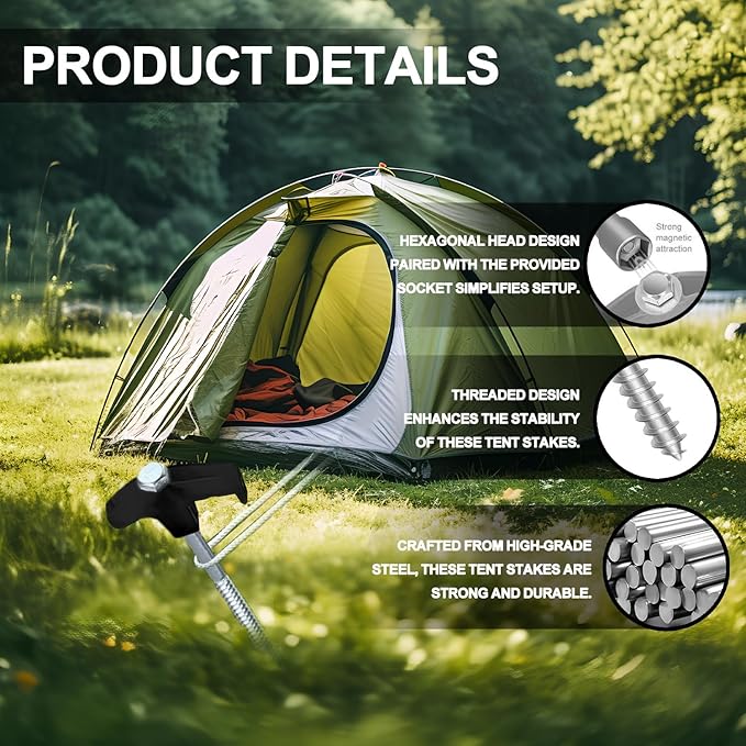 8 Pack Screw in Tent Stakes Heavy Duty,8 Inch Ground Anchors Screw in,Metal Stakes with Hex Head Driver,Camping Tent Accessories.(Black)