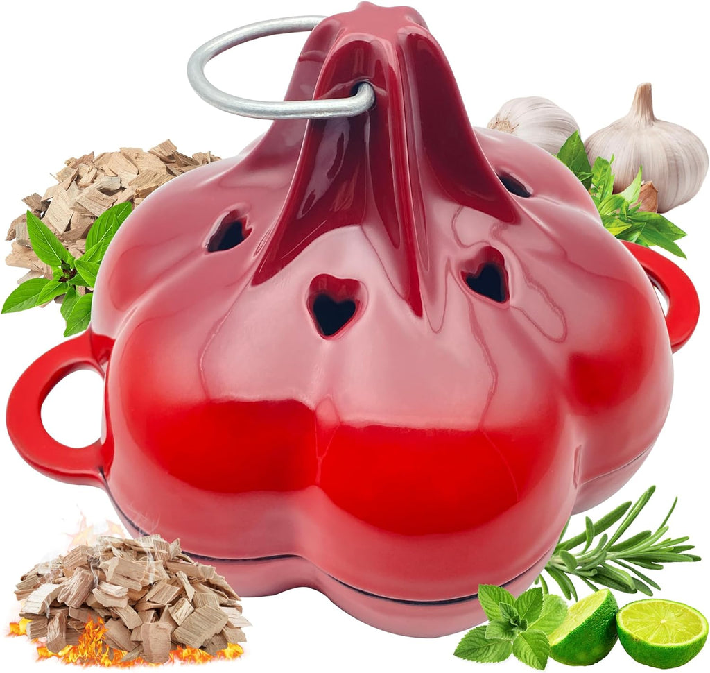 Enameled Cast Iron Smoker Roaster & Garlic Roaster Baker, Multi-Functional Box for Gas/Pellet/Charcoal Grills, Oven & Wood Stove, Enameled Dutch Oven Style Cookware, Enamelled Cooking Pot