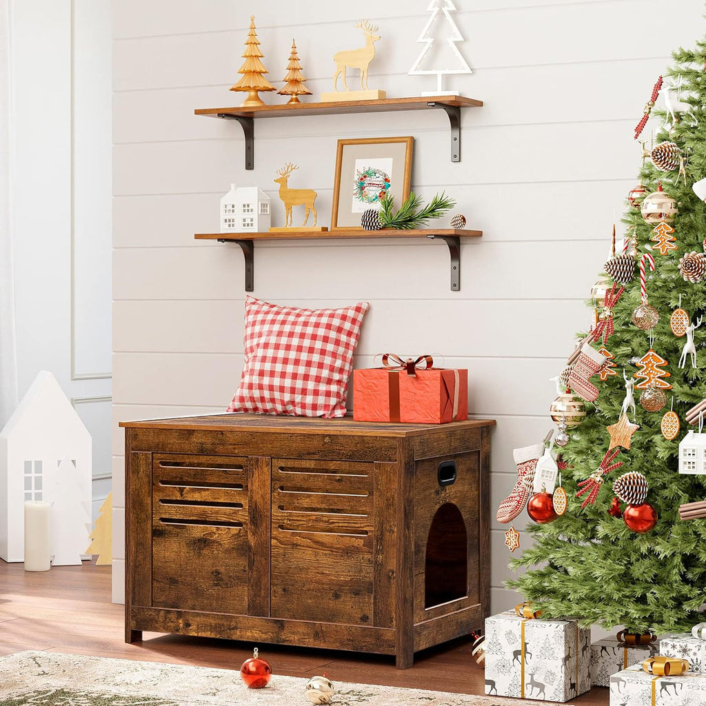 DINZI LVJ Long Wall Shelves, 31.5Inch Wall Mounted Shelves Set of 4, Extra Large Floating Storage Ledges with Sturdy Metal Brackets for Living Room, Bathroom, Bedroom, Kitchen, Rustic Brown